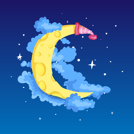 Fun cartoon yellow crescent moon with cap among the stars and clouds icon. Yellow magic crescent moon with decoration on blue background. Magical yellow crescent moon in dreams vector icon isolated.のイラスト素材