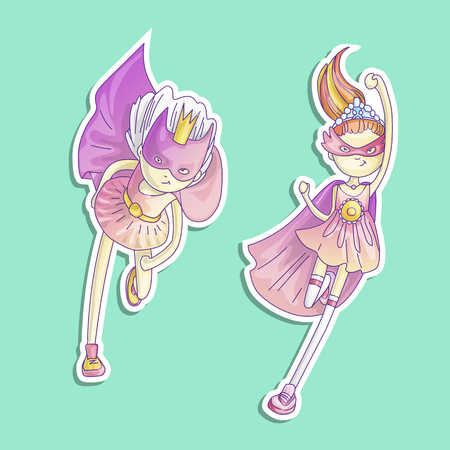 Superhero princess, little teen girl as a superhero vector cartoon illustration with gradients. Super hero girl running and fighting, brave princess, cute cartoon feminism concept about girls. Sticker styleのイラスト素材