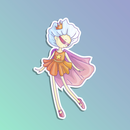 Superhero princess, little teen girl as a superhero vector cartoon illustration with gradients. Super hero girl running and fighting, brave princess, cute cartoon feminism concept about girls. Sticker styleのイラスト素材