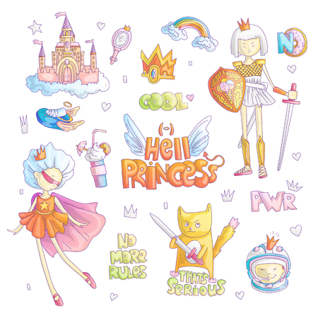 Brave tomboy Hell princess vector cartoon set. Princess magic and feminism illustration, little teen girl, princess superhero and warrior, brave girl illustration. Feminism princesses collection - castle, crown, cat, cocktailのイラスト素材