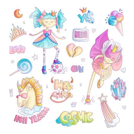 Brave tomboy princess vector cartoon set. Princess magic and feminism illustration, little teen girl with ball, princess superhero, brave girl illustration. Feminism princesses collection - unicorn, tiara, crownのイラスト素材