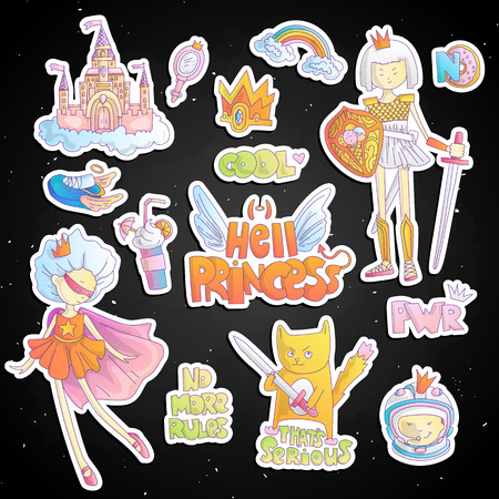 Brave tomboy Hell princess vector cartoon set. Princess magic and feminism illustration, little teen girl, princess superhero and warrior, brave girl illustration. Feminism princesses collection - castle, crown, cat, cocktailのイラスト素材