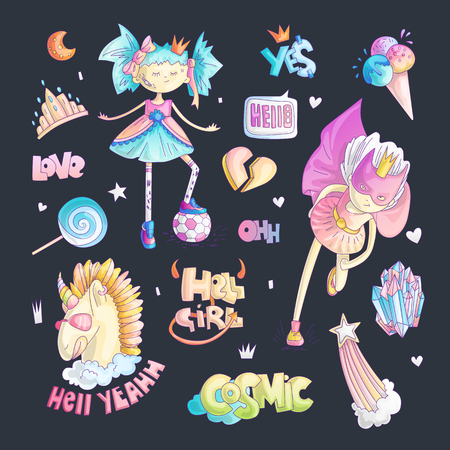 Brave tomboy princess vector cartoon set. Princess magic and feminism illustration, little teen girl with ball, princess superhero, brave girl illustration. Feminism princesses collection - unicorn, tiara, crownのイラスト素材