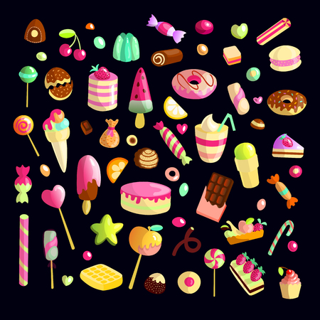 Sweet cartoon candy set. Collection of sweets, cartoon style. Jelly, candy, cakes, sweet donut and marmelade. Set of cartoon doodle form candies and sweets. Lollipop, cotton, donut and striped caramelのイラスト素材