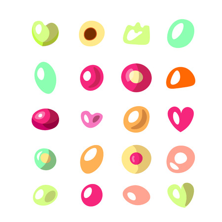 Cute cartoon vector illustration of marmalade and jelly beans isolated on white background. Cute round and heart form jelly beans, marmalade collection. Set of jelly bean iconのイラスト素材