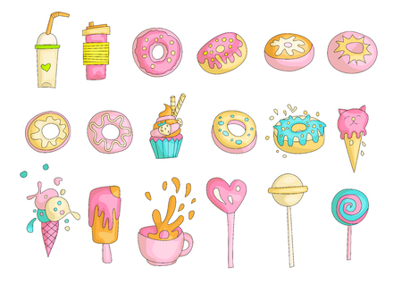 Cute funny Girl teenager colored icon set, fashion cute teen and princess icons. Magic fun cute girls objects - cocktail, donuts, cupcakes, cup, ice cream and lollipops hand draw teens icon collectionのイラスト素材
