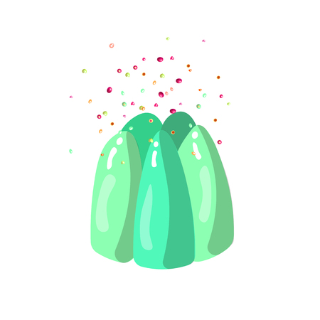 Cute cartoon jelly illustration with sprinkles. Green mint jelly icon isolated on white background. Sweet tasty jelly, vector iconのイラスト素材