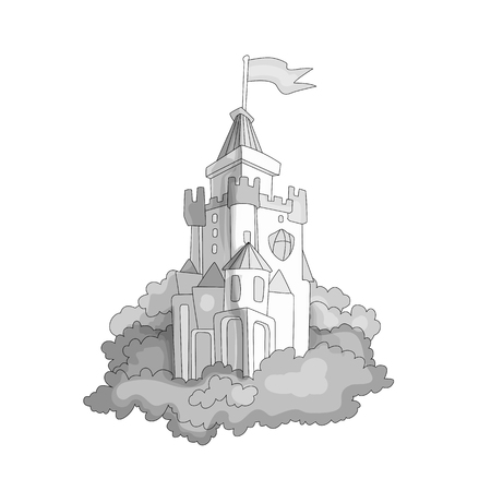 Cartoon medieval fun colorless castle with flag and grass. Magic cartoon castle for princess from fairy tale icon. Funny grayscale cartoon castle with white background.のイラスト素材