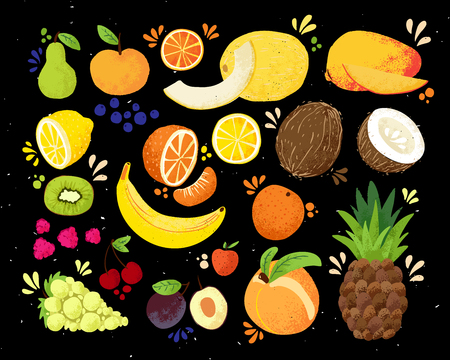 Set of colorful hand draw fruits tropical sweet fruits, and citrus fruit illustration. Apple, pear, orange, banana, pineapple, grapes, lemon, mango. Vector colored sketch illustration, isolated on black. Juicy Fruit and Berriesのイラスト素材