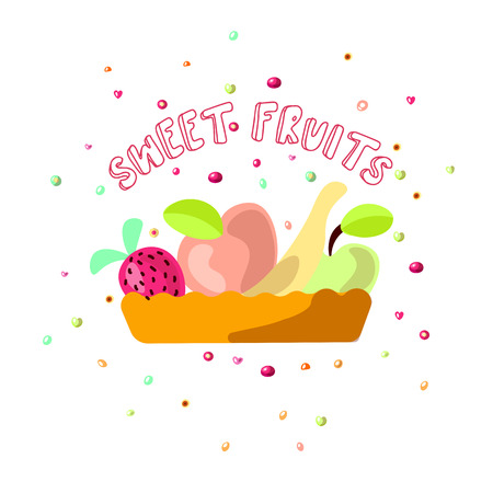 Cute cartoon vector illustration of sweet fruits and berries in plate. Banana, apple, peach and strawberry in one plate, front view, isolated on white background, with lettering and sprinkles.のイラスト素材