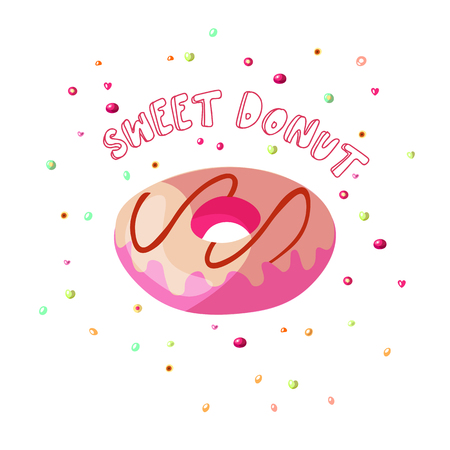 Sweet cartoon chocolate and strawberry donut illustration with glaze on top. Sweets doughnut with chocolate and strawberry isolated on white. Donut cartoon icon with sprinklesのイラスト素材