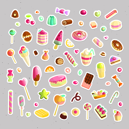 Sweet cartoon candy sticker set. Collection of sweets, cartoon style. Jelly, candy, cakes, sweet donut stickers. Cartoon doodle Set form candies and sweets. Lollipop, cotton, donut and striped caramelのイラスト素材