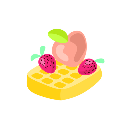 Cute cartoon vector illustration of Belgian waffle with strawberry and peach on top. Fruit belgian waffle icon, isolated on white background. Traditional belgian waffle with berries and fruits on top.のイラスト素材
