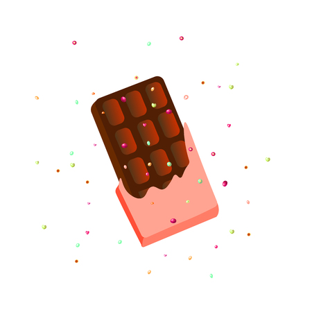 Sweet dark brown chocolate cartoon vector icon in chocolate wrapping with sprinkles. Cartoon chocolate icon, chocolate bar cartoon icon isolated on white. Sweet dessert iconのイラスト素材