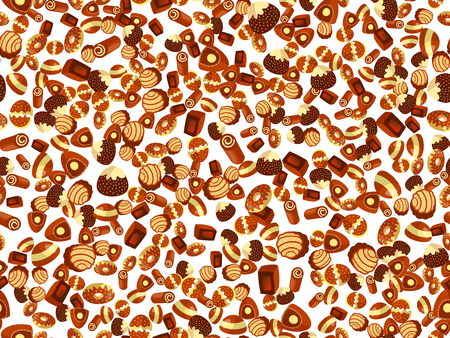 Vector cute cartoon chocolate candy pattern. Cute chocolate candies seamless pattern. Candy, chocolate bar, sweet desserts on cute cartoon pattern. Choco candy patternのイラスト素材