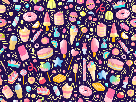 Cute seamless pattern with colorful sweets, cakes, lollipops. Cartoon seamless pattern with candy and sweet dessert. Fun colorful sweet pattern with candy, ice cream, round lollipops. Candy patternのイラスト素材