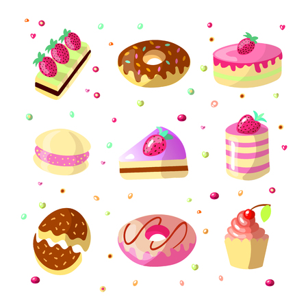 Set of cute cartoon sweet cakes and donuts, vector illustration. Colorful collection of cake icons with strawberry on top and donuts, pink glaze. Cute cartoon glazed cakes and sweets with chocolateのイラスト素材