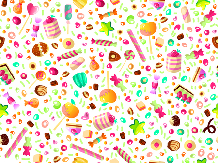 Cute seamless pattern with colorful sweets, cakes, lollipops. Cartoon seamless pattern with candy and sweet dessert. Fun colorful sweet pattern with candy, ice cream, round lollipops. Candy pattern with decorative elementsのイラスト素材