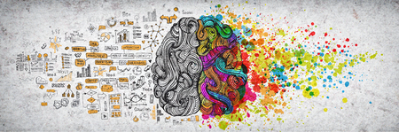 Left right human brain concept, textured illustration. Creative left and right part of human brain, emotial and logic parts concept with social and business doodle illustration of left side, and art paint splashes of the right sideの写真素材