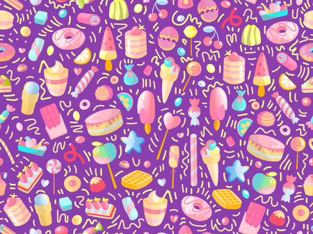 Cute seamless pattern with colorful sweets, cakes, lollipops. Cartoon seamless pattern with candy and sweet dessert. Fun colorful sweet pattern with candy, ice cream, round lollipops. Candy patternのイラスト素材