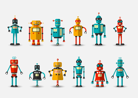 Retro vintage funny vector robot set icon in flat style isolated on grey background. Vintage illustration of flat Chatbot icon collection. Set of Cute cartoon retro robot icons, vintage chat bot set isolated on greyのイラスト素材
