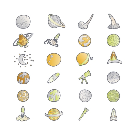 Cute cartoon space asrtonaut cosmos vector icon collection. Planet, rocket, observatory icons in one cute set, isolated on white background.のイラスト素材