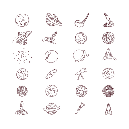 Cute cartoon space asrtonaut cosmos vector icon collection. Planet, rocket, observatory icons in one cute set, isolated on white background.のイラスト素材