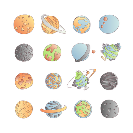 Cute cartoon astronomy planet icon set. Cartoon icons of different doodle planets, exo planets, planetary rings, satellites,のイラスト素材