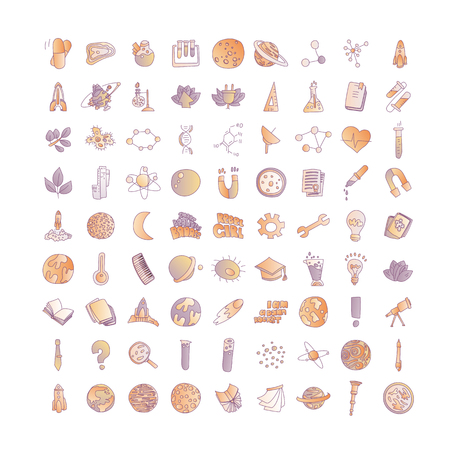 Cute cartoon icons on science, school, study theme. Physics, chemistry, astronomy and other sciences - vector illustrations of icons for children. Back to school educational icons, science icon setのイラスト素材