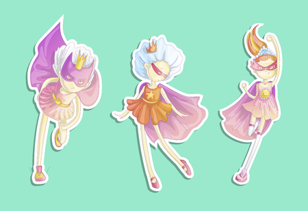 Superhero princess, little teen girl as a superhero vector cartoon illustration with gradients. Super hero girl running and fighting, brave princess, cute cartoon feminism concept about girls. Sticker styleのイラスト素材