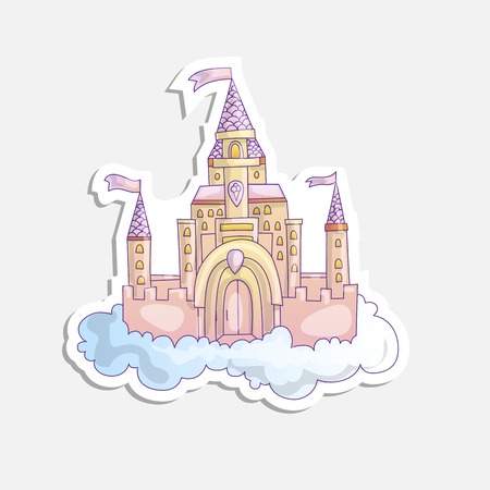 vector cartoon illustration of pink princess magic castle in clouds. pink princess magic castle in blue clouds, with flags and torrets, pastel pink color. Cute cartoon princess castle sticker illustrationのイラスト素材