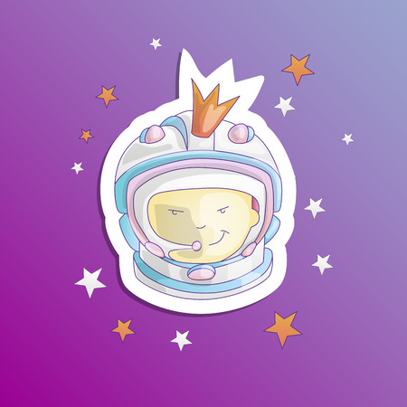 Cute vector cartoon princess feminist concept - cosmonaut, astronaut girl in space helmet and crown. Strong brave princess in cosmos helmet sticker, among stars. Brave feminism princessのイラスト素材