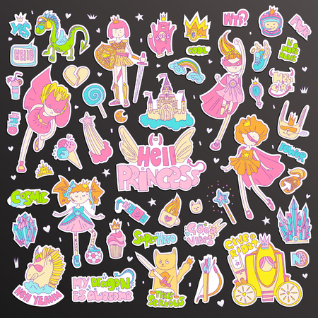 Brave tomboy Hell princess vector cartoon set. Princess magic and feminism illustration, little teen girl, princess superhero and warrior, brave girl illustration. Feminism princesses collection - castle, crown, cat, cocktailのイラスト素材