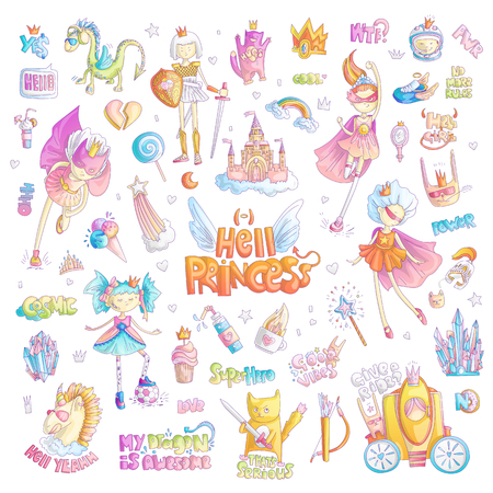 Brave tomboy Hell princess vector cartoon set. Princess magic and feminism illustration, little teen girl, princess superhero and warrior, brave girl illustration. Feminism princesses collection - castle, crown, cat, cocktailのイラスト素材