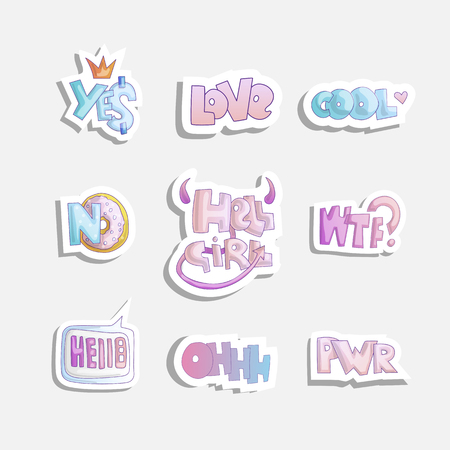 Vector cute cartoon set of fashion girly phrases and words - yes, no, hell girl and other word stickers on fashion girl sticker theme. Cute princess stickers isolated on greyのイラスト素材