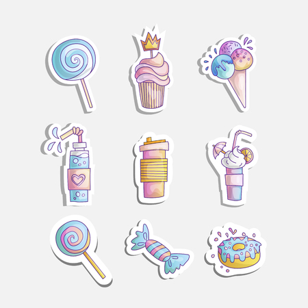 Cute cartoon little princess icon set - sweets sweet ice cream, cake, cocktails, donut and lollipop. Cute girly sweets - icon stickers in one collection isolatedのイラスト素材
