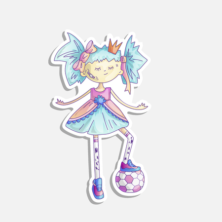 Vector cartoon princess illustration. Sassy girl princess with soccer ball in cute fairy tail dress and crown. Cute princess sticker, feminism concept. Strong brave princess with soccer ball stickerのイラスト素材
