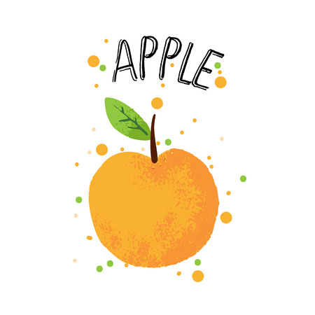 Vector hand draw apple illustration. Orange apple with juice splash isolated on white background. Textured apples with splashes, juice tropical fruit with word Apple on top. Fresh silhouette fruit of apples.のイラスト素材