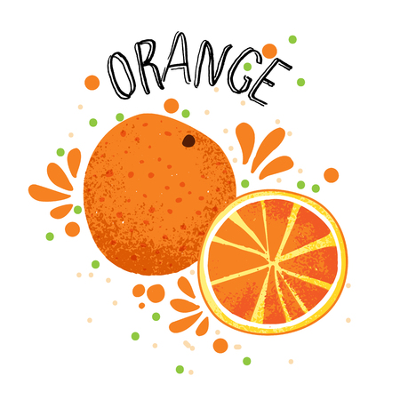 Vector hand draw orange illustration. Slice of orange with juice splashes isolated on white background. Textured orange citrus sketch, juice citrus fruit, word Orange on top. Fresh ripe fruitのイラスト素材