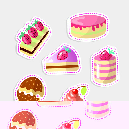 Set of cute cartoon sweet cakes, vector sticker illustration. Colorful collection of cake sticker icons with strawberry on top and sprinkles, pink glaze. Cute cartoon glazed cake, with chocolate, berriesのイラスト素材