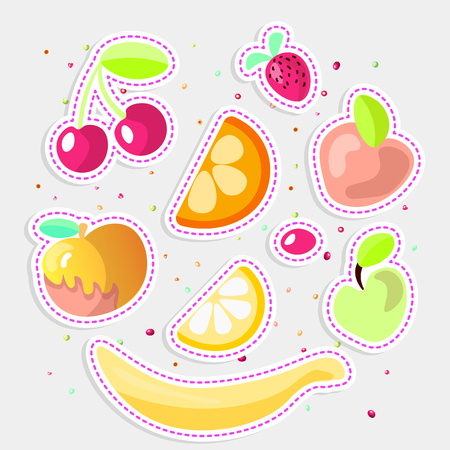 Cute cartoon sticker fruit collection. Sweet fruits stickers icon, summer fruit desserts isolated on white background. Cherry, orange and lemon, strawberry. Summer sweet sticker fruit illustrationのイラスト素材