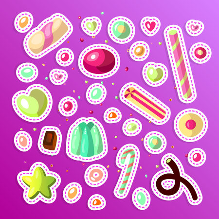 Sweet cartoon candy sticker set. Collection of stickers sweets, cartoon style. Jelly, candy, cakes, sweet donut and marmelade. Set of cartoon doodle form candies and sweets. Lollipop, cotton, donutのイラスト素材