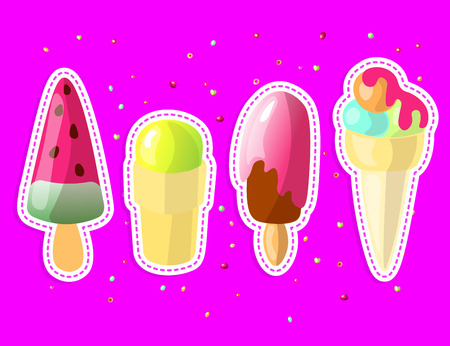 Set of cute cartoon colored Ice cream sticker collection. Ice cream set with watermelon, strawberry and green tea ice cream sundae, ice-cream cone with bubble gum, mint scoops stickers isolatedのイラスト素材