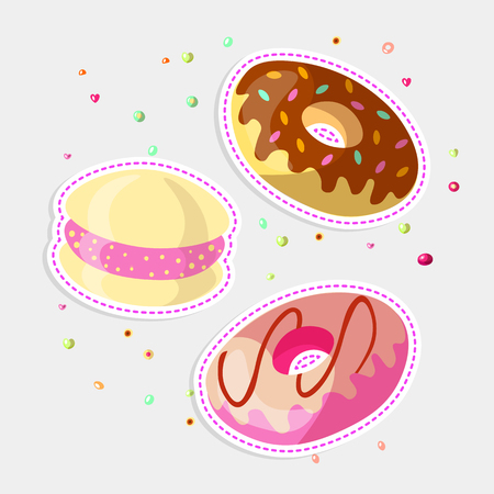 Set of Sweet cartoon chocolate and strawberry donut, sticker illustration with glaze on top. Collection of sweets doughnut with chocolate and strawberry isolated on white. Donut cartoon sticker iconのイラスト素材