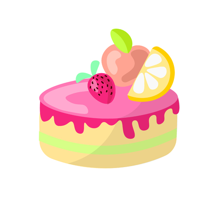 Cute cartoon sweet cake vector illustration. Colorful cake icon with cherry, lemon and apple on top and sprinkles. Cute cartoon fruit round cake with pink glaze isolated on whiteのイラスト素材