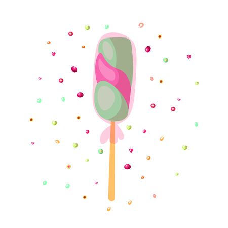 Cute cartoon sweet lollipop icon. Cute colored cartoon lolly icon marshmallow in candy wrapper isolated on white background. Sweet caramel, sugar lolipop icon with decoration. Lollipop icon on whiteのイラスト素材