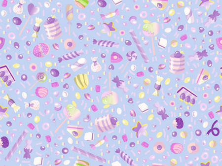 Cute seamless pattern with colorful sweets, cakes, lollipops. Cartoon seamless pattern - candy and sweet dessert. Fun pastel colored sweet pattern with candy, ice cream, round lollipops. Candy patternのイラスト素材