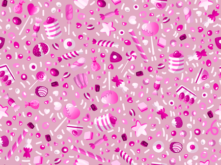 Cute seamless pattern with colorful sweets, cakes, lollipops. Cartoon seamless pattern with candy and sweet dessert. Fun pink sweet pattern with candy, ice cream, round lollipops. Candy patternのイラスト素材