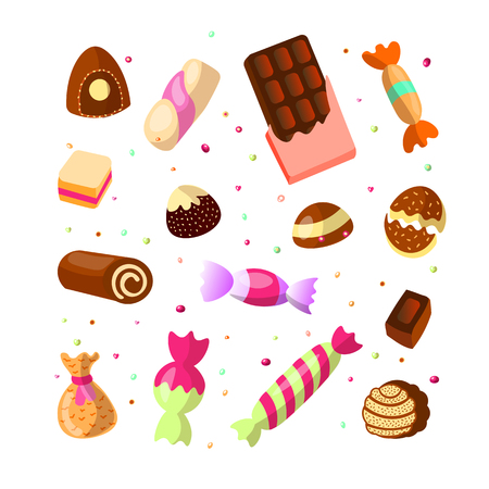 Sweet cartoon candy set. Collection of sweets, cartoon style. Jelly, candy, cakes, sweet donut and marmelade. Huge set of cartoon doodle form candies and sweets. Lollipop, cotton, donut and striped caramel. Colorful pastry. Popular sweet dessertsのイラスト素材