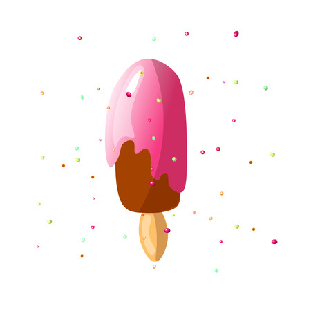 Cute vector illustration of sweet chocolate ice cream, strawberry or cherry glaze. Fruit glaze on dark chocolate ice cream on stick with sprinkles. Chocolate sundae vector illustration, pink glazeのイラスト素材